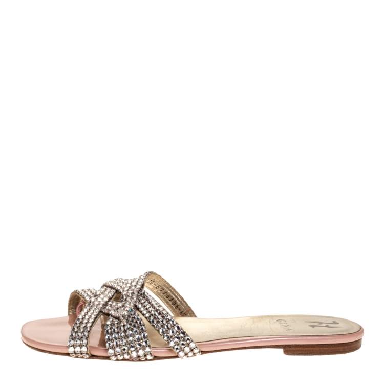 Pre Owned Gina Metallic Silver Leather Crystal Embellished Flat Slides Size 39.5