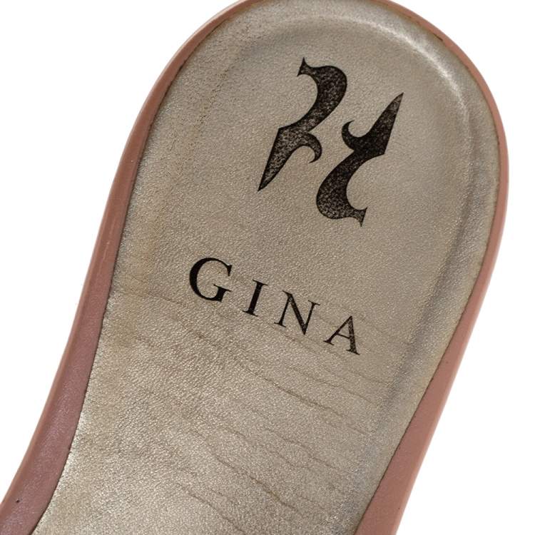 Pre Owned Gina Metallic Silver Leather Crystal Embellished Flat Slides Size 39.5