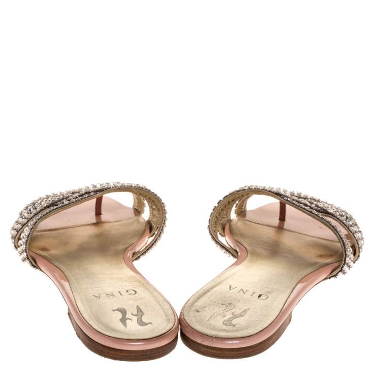 Pre Owned Gina Metallic Silver Leather Crystal Embellished Flat Slides Size 39.5