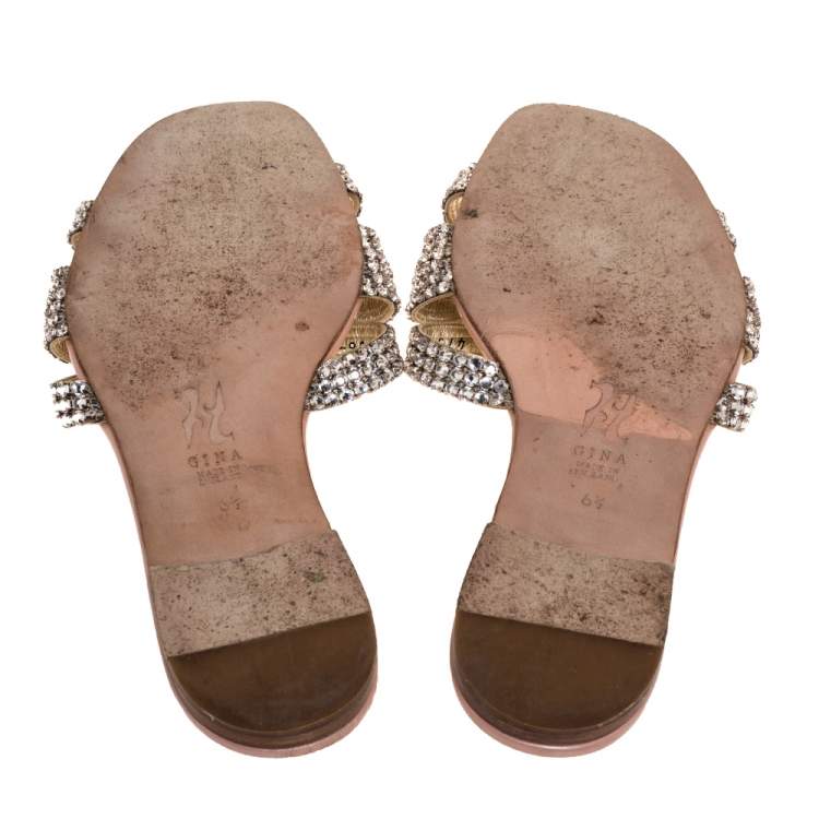 Pre Owned Gina Metallic Silver Leather Crystal Embellished Flat Slides Size 39.5