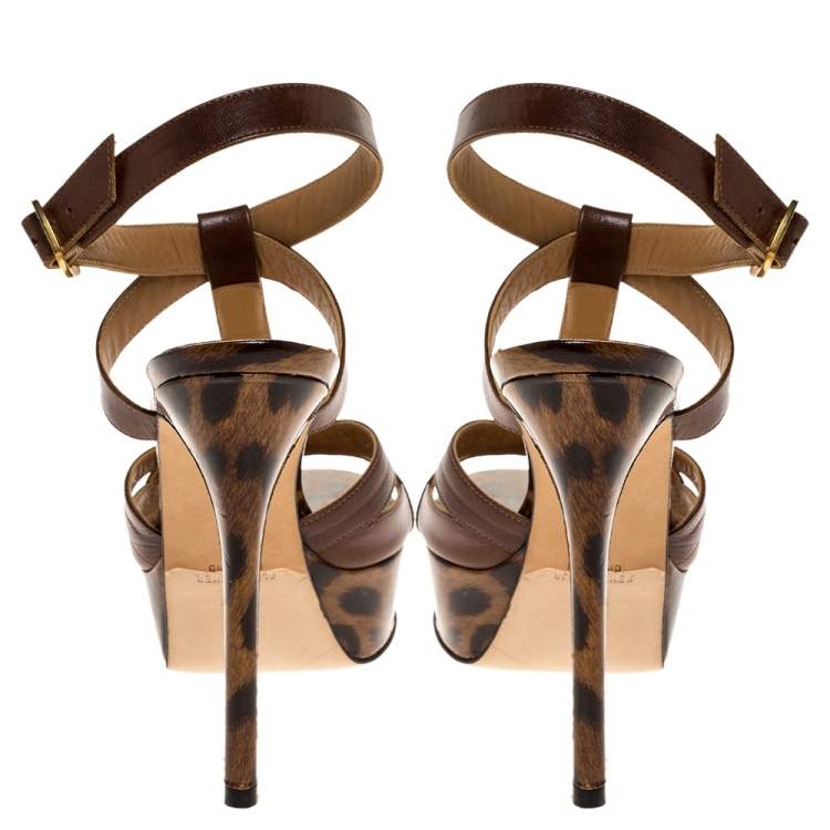 Pre Owned Gina Brown Leather And Leopard Print Patent Platform Ankle Strap Sandals Size 36