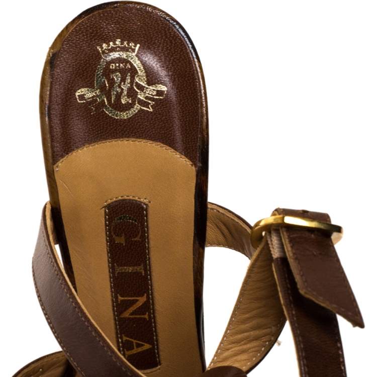 Pre Owned Gina Brown Leather And Leopard Print Patent Platform Ankle Strap Sandals Size 36