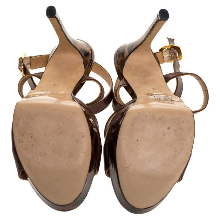 Pre Owned Gina Brown Leather And Leopard Print Patent Platform Ankle Strap Sandals Size 36