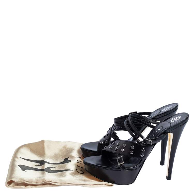 Pre Owned Gina Black Studded Leather Strappy Platform Sandals Size 38