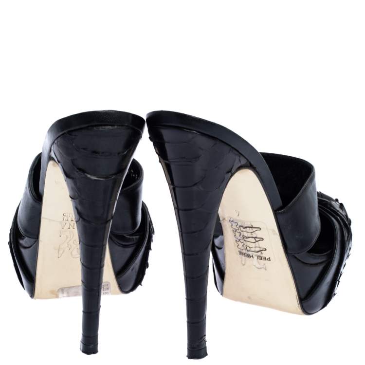 Pre Owned Gina Black Leather and Python Platform Close Toe Slide Sandals Size 35