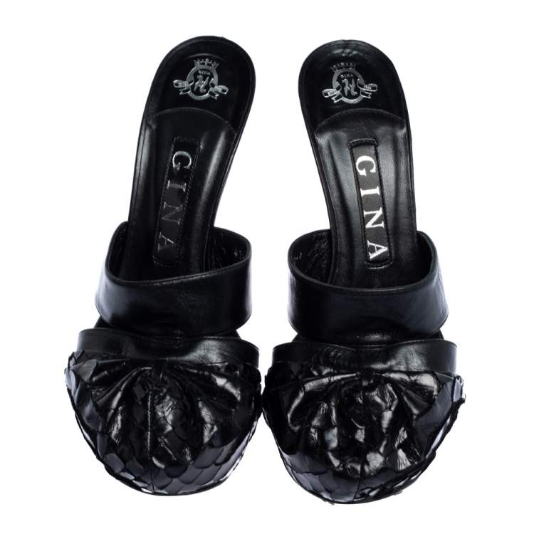 Pre Owned Gina Black Leather and Python Platform Close Toe Slide Sandals Size 35