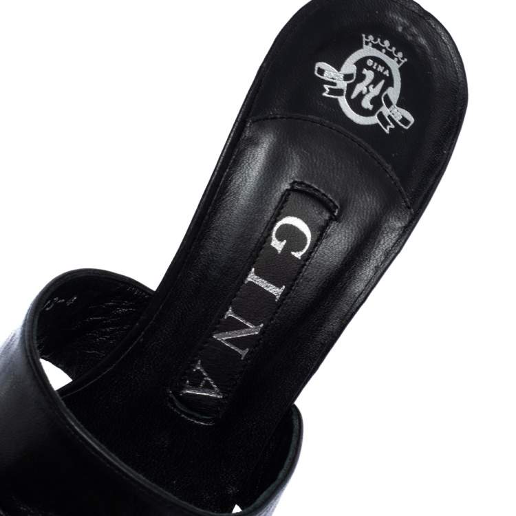Pre Owned Gina Black Leather and Python Platform Close Toe Slide Sandals Size 35