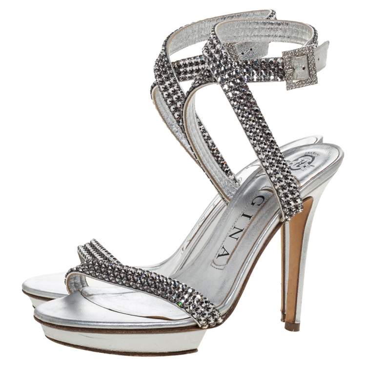 Pre Owned Gina Metallic Silver Crystal Embellished Leather Cross Ankle Strap Sandals Size 35