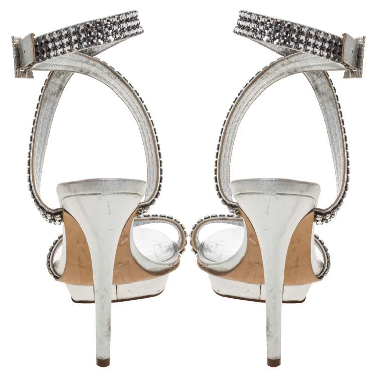 Pre Owned Gina Metallic Silver Crystal Embellished Leather Cross Ankle Strap Sandals Size 35