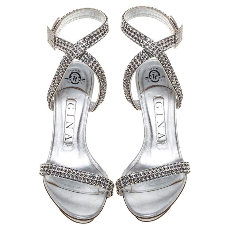 Pre Owned Gina Metallic Silver Crystal Embellished Leather Cross Ankle Strap Sandals Size 35