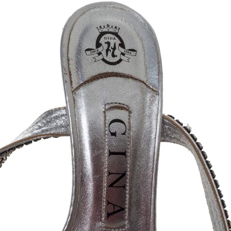 Pre Owned Gina Metallic Silver Crystal Embellished Leather Cross Ankle Strap Sandals Size 35