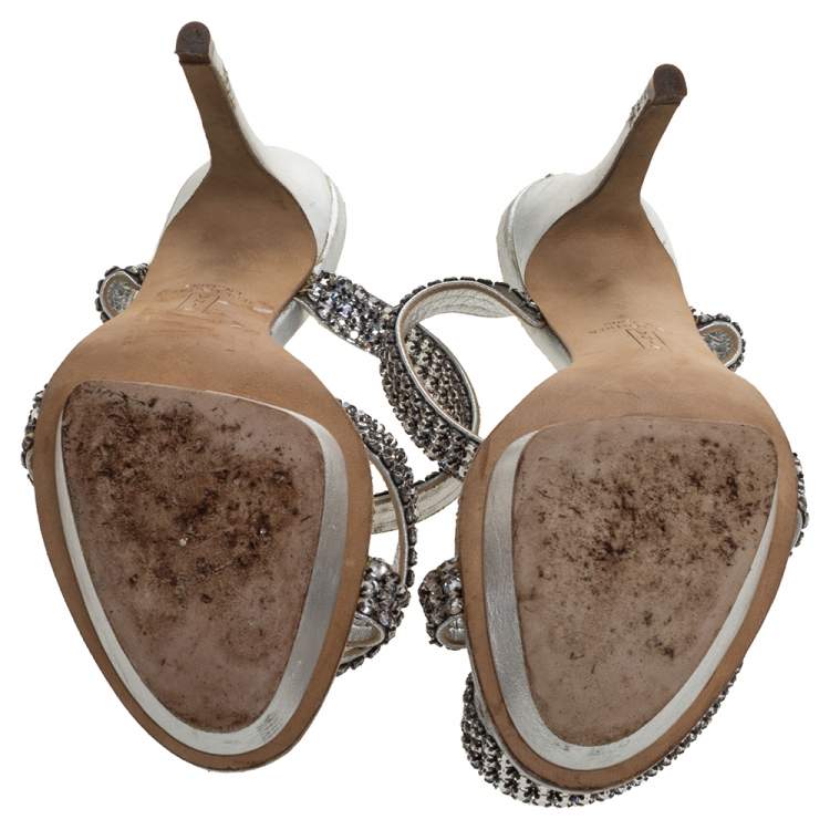 Pre Owned Gina Metallic Silver Crystal Embellished Leather Cross Ankle Strap Sandals Size 35