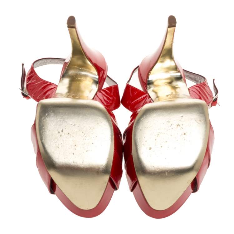 Pre Owned Gina Red Patent Leather T Strap Platform Sandals Size 38