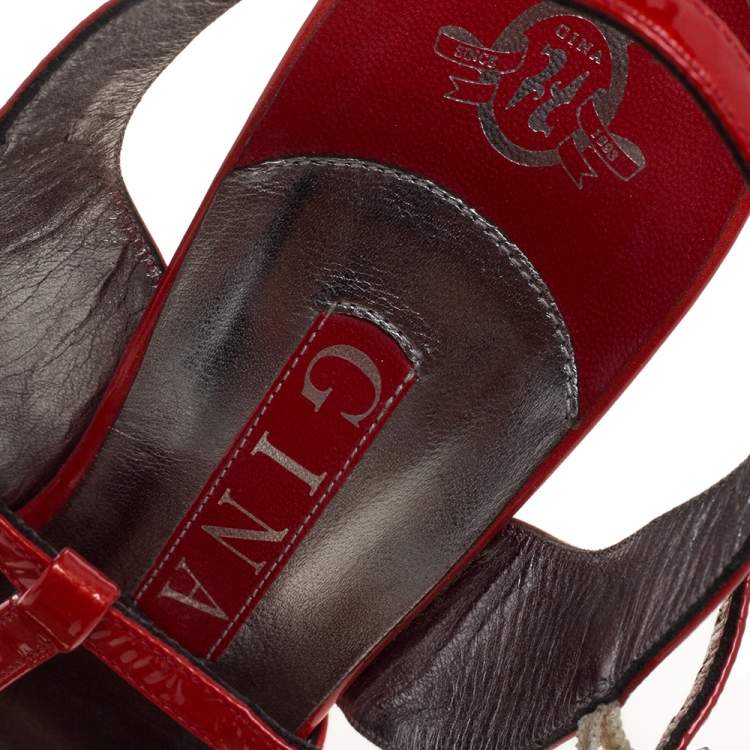 Pre Owned Gina Red Patent Leather T Strap Platform Sandals Size 38