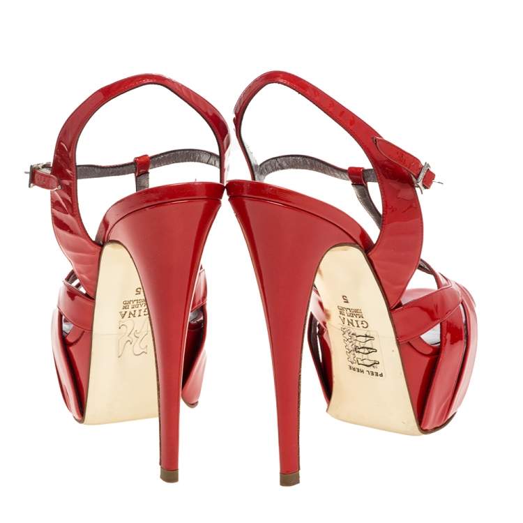 Pre Owned Gina Red Patent Leather T Strap Platform Sandals Size 38