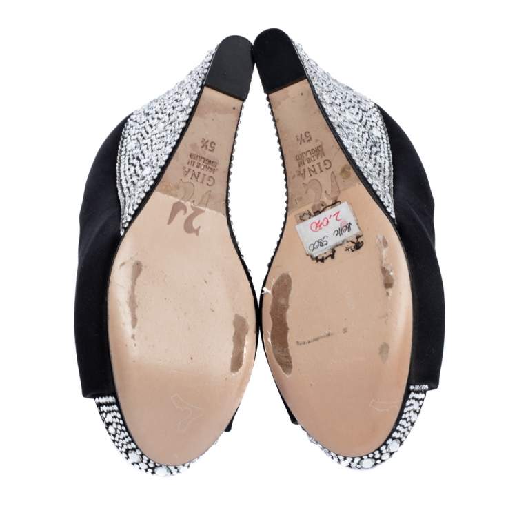 Pre Owned Gina Black Satin Belle Crystal Embellished Wedge Peep Toe Platform Pumps Size 38.5