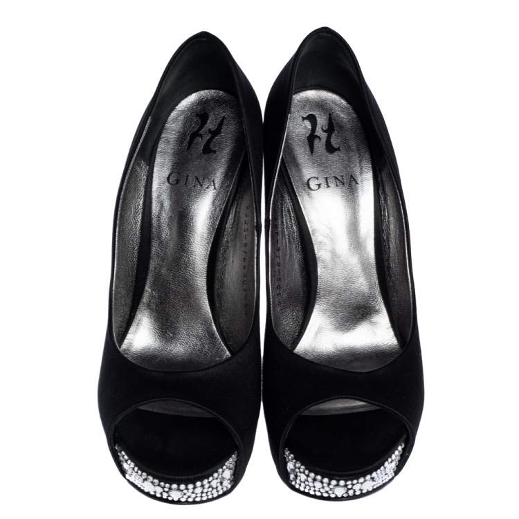 Pre Owned Gina Black Satin Belle Crystal Embellished Wedge Peep Toe Platform Pumps Size 38.5