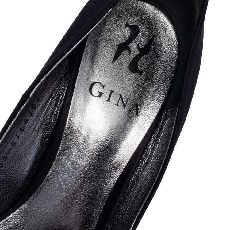 Pre Owned Gina Black Satin Belle Crystal Embellished Wedge Peep Toe Platform Pumps Size 38.5