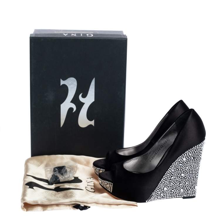 Pre Owned Gina Black Satin Belle Crystal Embellished Wedge Peep Toe Platform Pumps Size 38.5