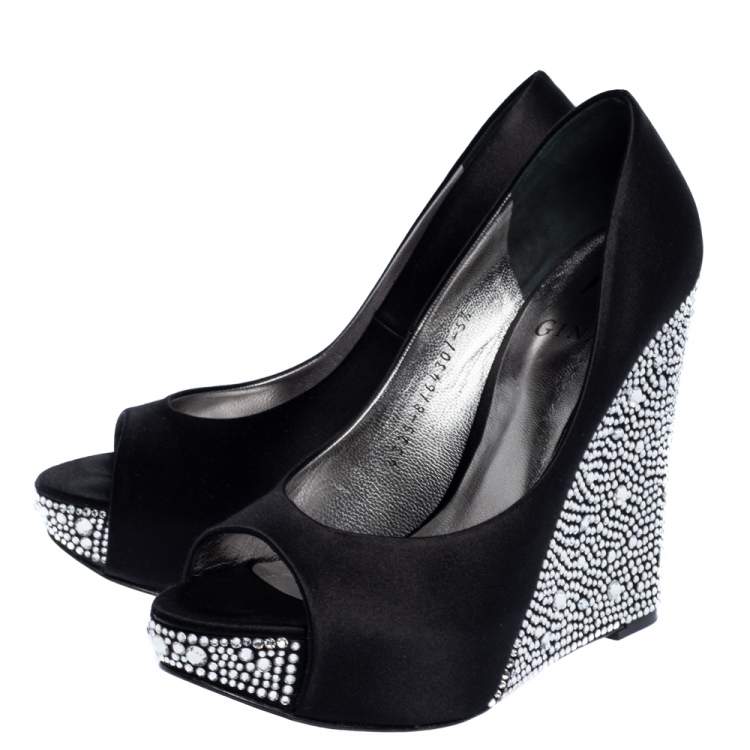 Pre Owned Gina Black Satin Belle Crystal Embellished Wedge Peep Toe Platform Pumps Size 38.5