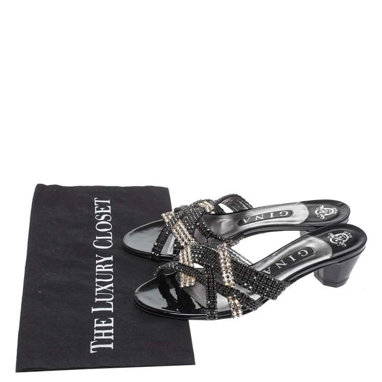 Pre Owned Gina Black Crystal Embellished Leather Strappy Sandals Size 37
