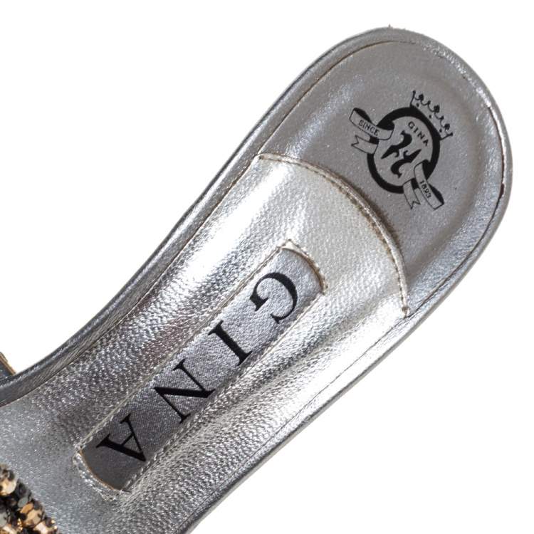 Pre Owned Gina Grey Crystal Embellished Leather Platform Sandals Size 37