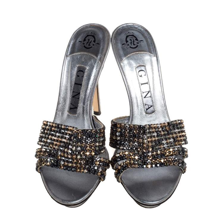 Pre Owned Gina Grey Crystal Embellished Leather Platform Sandals Size 37