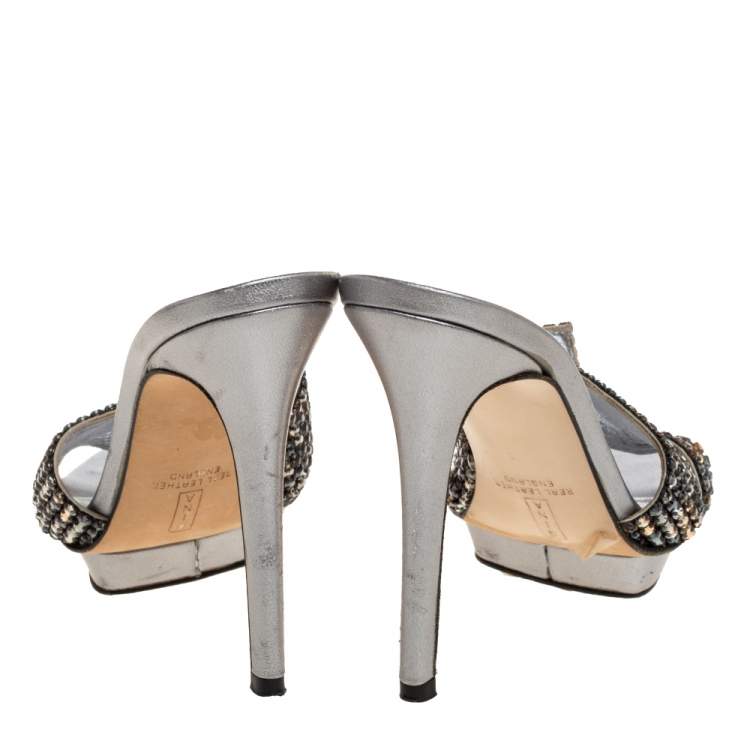 Pre Owned Gina Grey Crystal Embellished Leather Platform Sandals Size 37