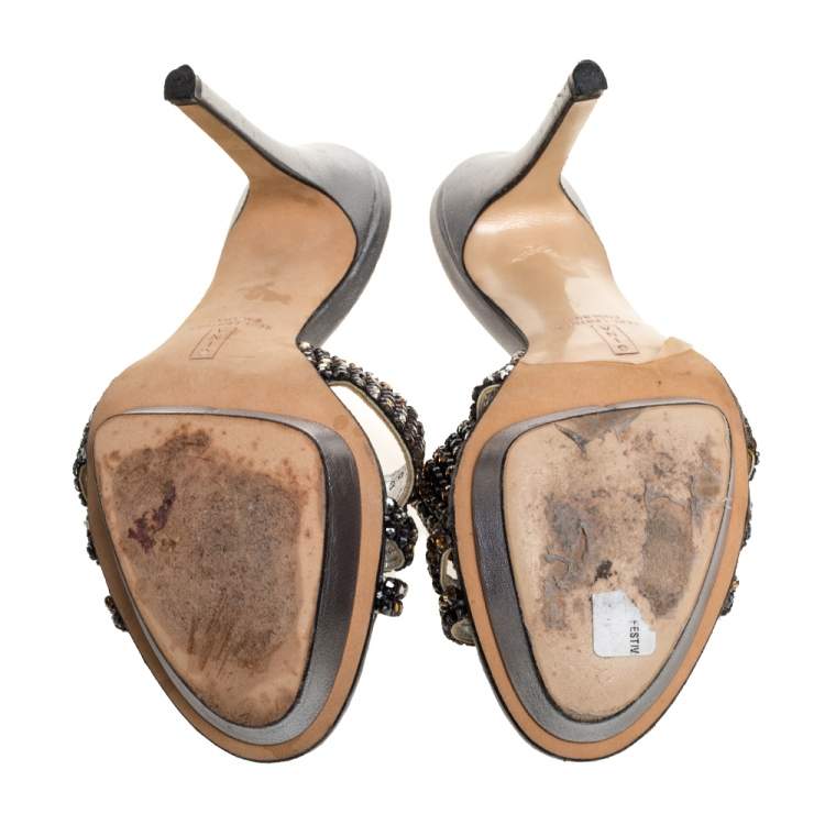 Pre Owned Gina Grey Crystal Embellished Leather Platform Sandals Size 37