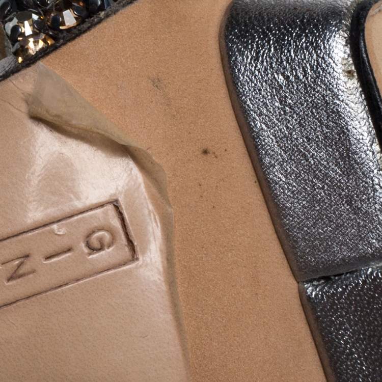 Pre Owned Gina Grey Crystal Embellished Leather Platform Sandals Size 37