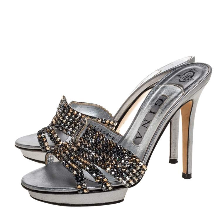Pre Owned Gina Grey Crystal Embellished Leather Platform Sandals Size 37