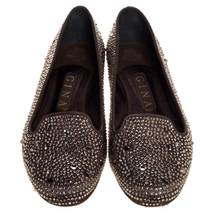 Pre Owned Gina Brown Crystal Embellished Satin Ballet Flats Size 38.5