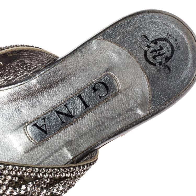 Pre Owned Gina Silver Crystal Embellished Leather Thong Flats Size 38.5