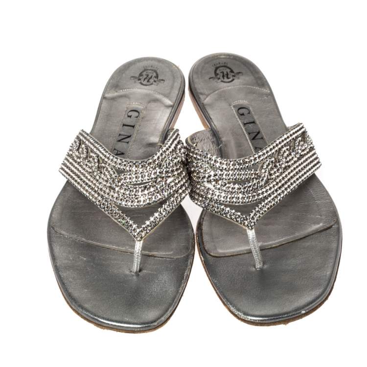 Pre Owned Gina Silver Crystal Embellished Leather Thong Flats Size 38.5