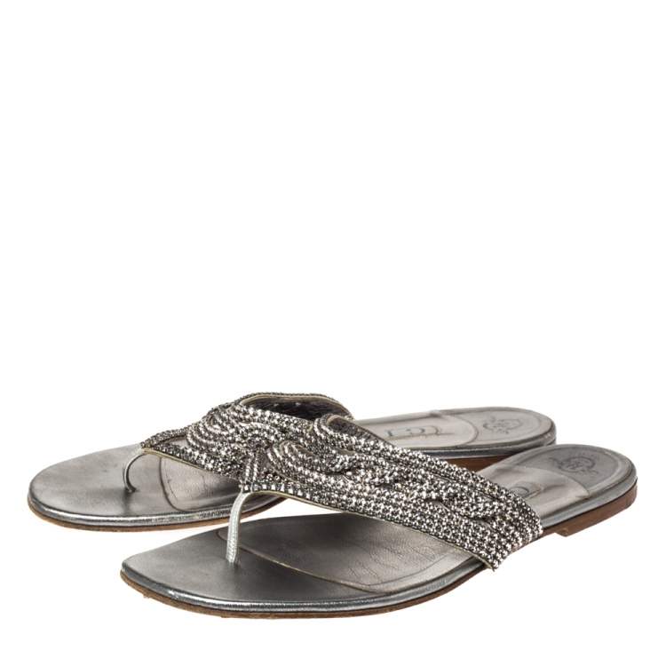 Pre Owned Gina Silver Crystal Embellished Leather Thong Flats Size 38.5