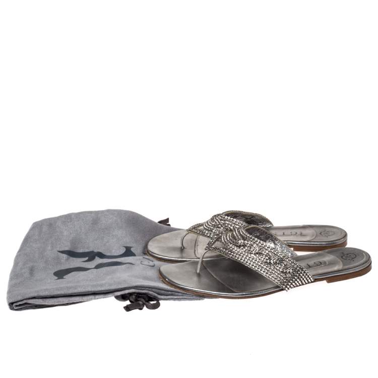 Pre Owned Gina Silver Crystal Embellished Leather Thong Flats Size 38.5