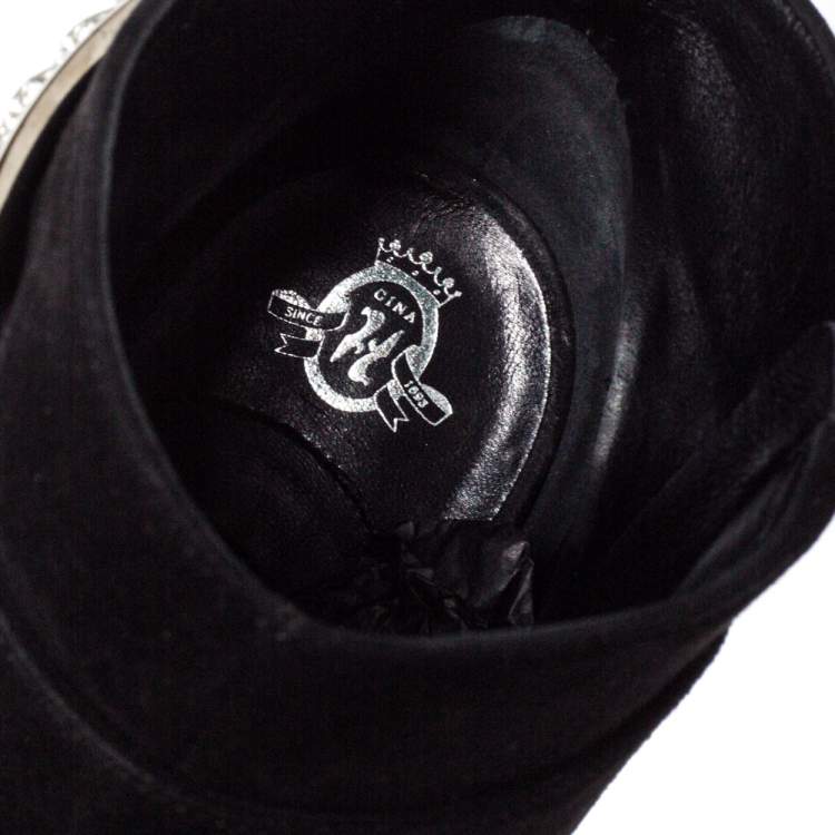 Pre Owned Gina Black Suede Crystal Embellished Buckle Peep Toe Ankle Boots Size 40