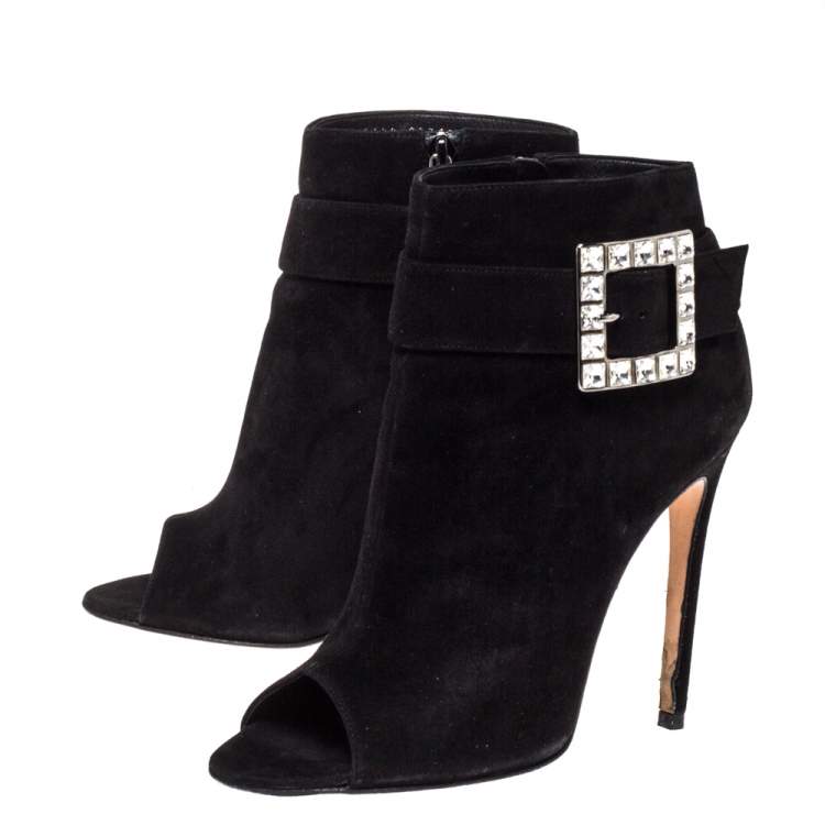 Pre Owned Gina Black Suede Crystal Embellished Buckle Peep Toe Ankle Boots Size 40