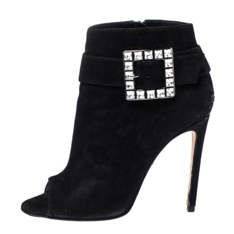 Pre Owned Gina Black Suede Crystal Embellished Buckle Peep Toe Ankle Boots Size 40
