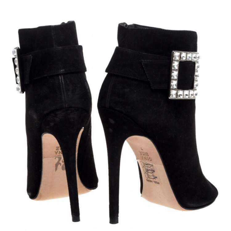 Pre Owned Gina Black Suede Crystal Embellished Buckle Peep Toe Ankle Boots Size 40