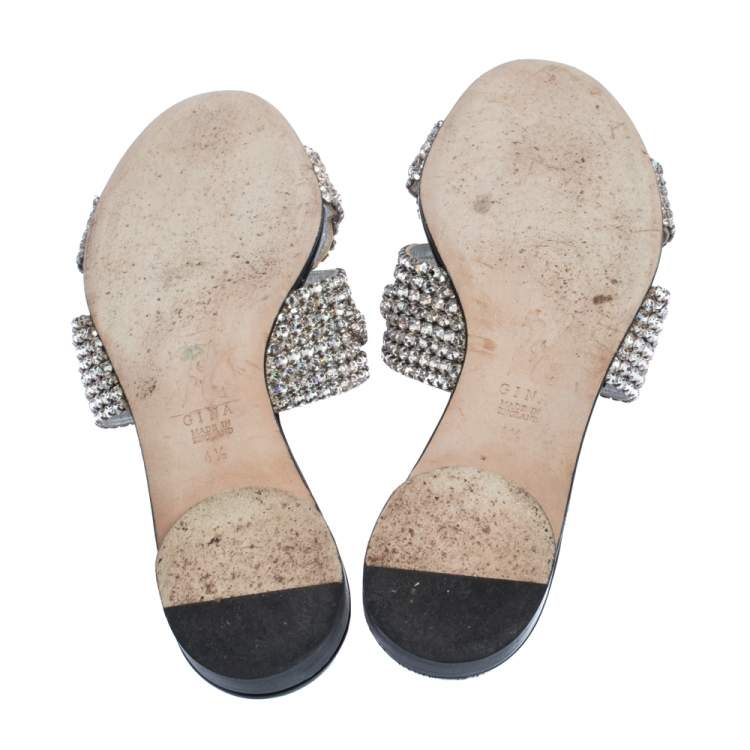 Pre Owned Gina Silver Crystal Embellished Leather Flat Slides Size 37.5