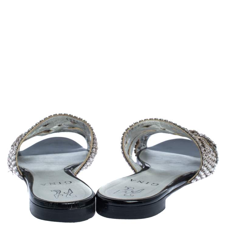 Pre Owned Gina Silver Crystal Embellished Leather Flat Slides Size 37.5