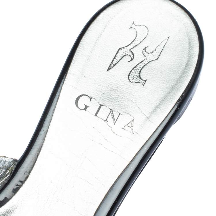 Pre Owned Gina Silver Crystal Embellished Leather Flat Slides Size 37.5