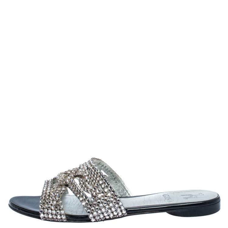 Pre Owned Gina Silver Crystal Embellished Leather Flat Slides Size 37.5