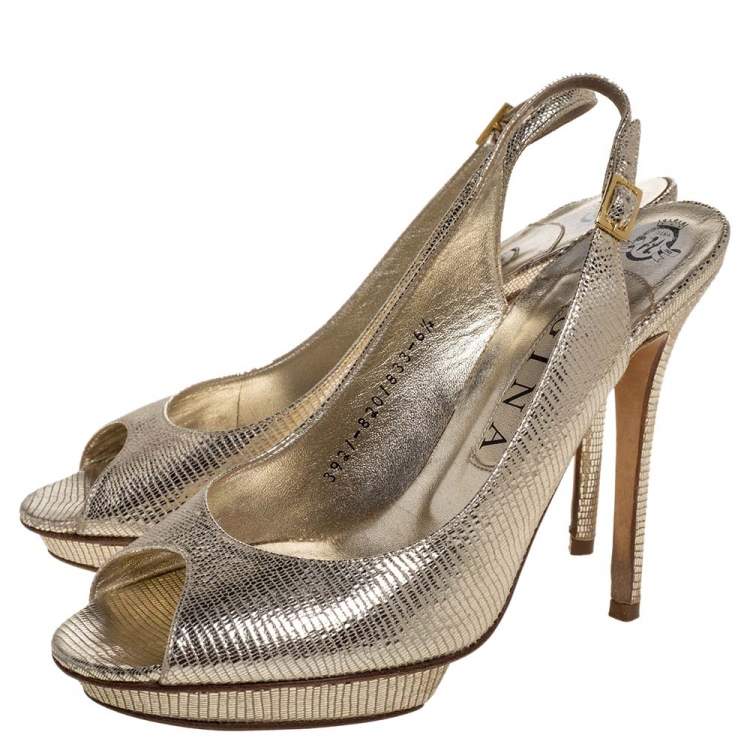 Pre Owned Gina Metallic Gold Lizard Embossed Leather Platform Peep Toe Slingback Sandals Size 39.5