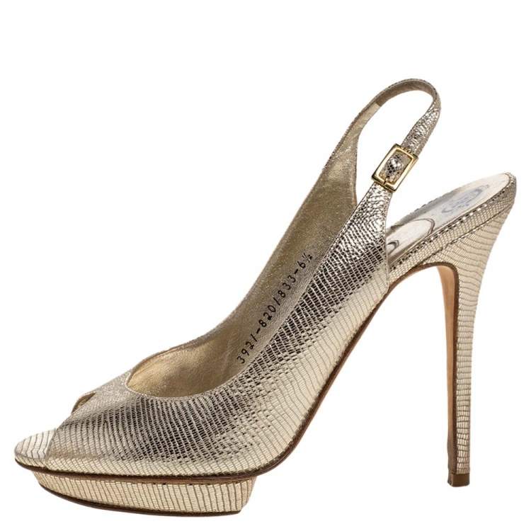 Pre Owned Gina Metallic Gold Lizard Embossed Leather Platform Peep Toe Slingback Sandals Size 39.5