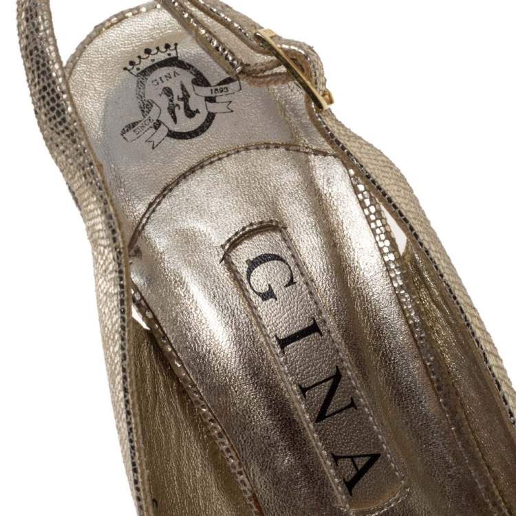 Pre Owned Gina Metallic Gold Lizard Embossed Leather Platform Peep Toe Slingback Sandals Size 39.5