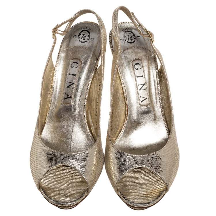 Pre Owned Gina Metallic Gold Lizard Embossed Leather Platform Peep Toe Slingback Sandals Size 39.5