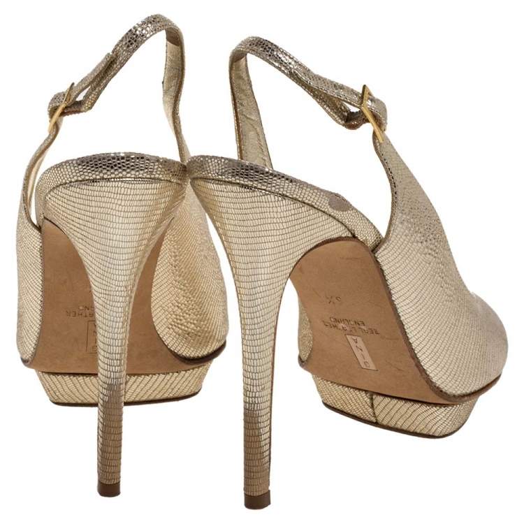 Pre Owned Gina Metallic Gold Lizard Embossed Leather Platform Peep Toe Slingback Sandals Size 39.5