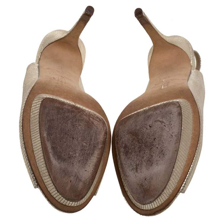 Pre Owned Gina Metallic Gold Lizard Embossed Leather Platform Peep Toe Slingback Sandals Size 39.5